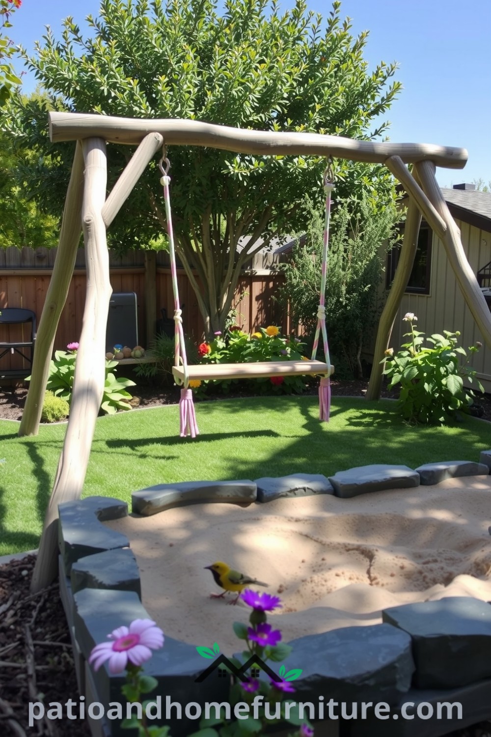 Colorful DIY playground in a sun-drenched backyard with a wooden swing set, sandy sandbox, and vibrant flowers, creating a warm, inviting atmosphere for children to explore and play, perfect for cozy home design ideas from fireplacesandwoodstoves.com.