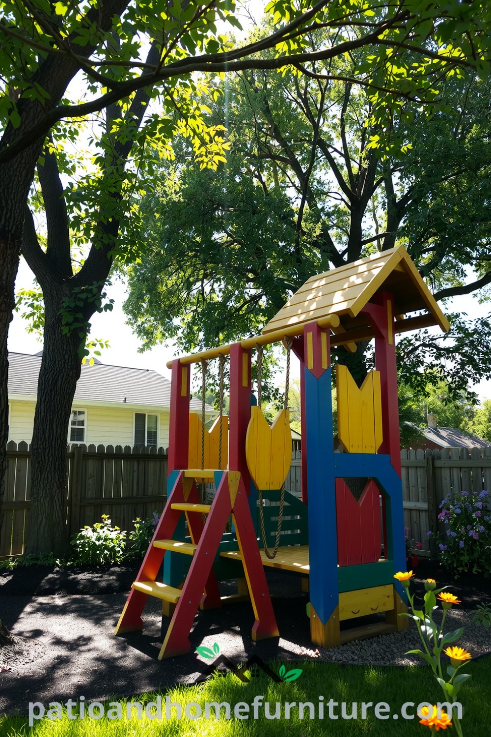 A backyard scene with sunlight filtering through trees, colorful wooden climbing structures, weathered swings, and soft patches of grass, creating an inviting space for adventure and fun, with cozy design ideas for a whimsical home atmosphere at fireplacesandwoodstoves.com.