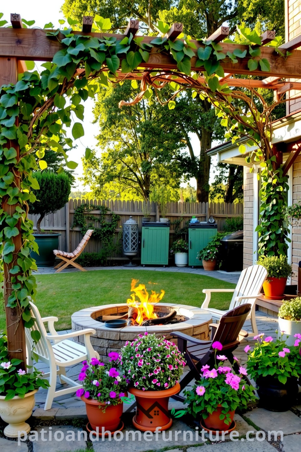 Cozy backyard retreat featuring a wooden trellis with climbing vines, a rustic stone patio, vibrant flower pots, and an inviting fire pit surrounded by mismatched chairs, ideal for summer gatherings. Discover unique ideas for home decor at fireplacesandwoodstoves.com.
