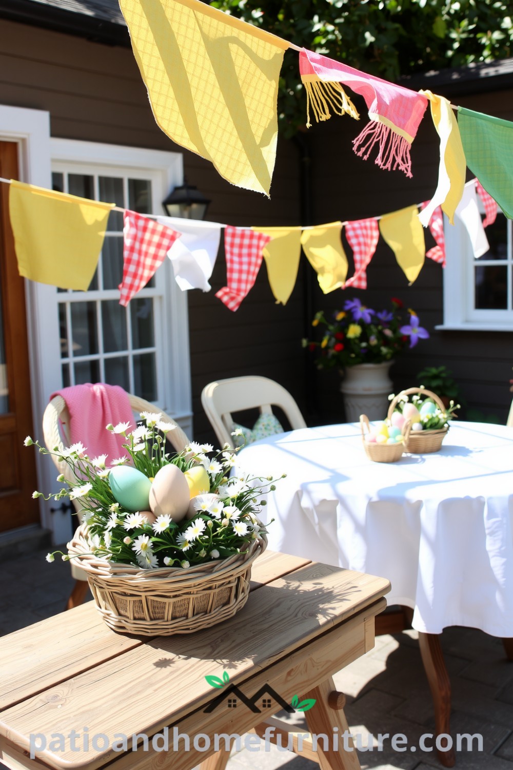 Cozy Easter patio adorned with colorful hand-painted eggs, fresh daisies in wicker baskets, and bunting, creating a joyful atmosphere perfect for gatherings, showcasing unique decor ideas and inspirations for your home at fireplacesandwoodstoves.com.