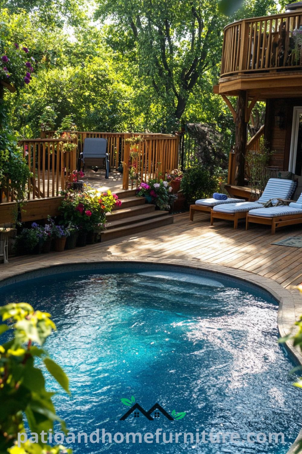 Serene above ground oasis featuring a beautiful pool and wooden deck from patioandhomefurniture.com with lush flowers, backyard ideas above ground, and inviting summer relaxation.
