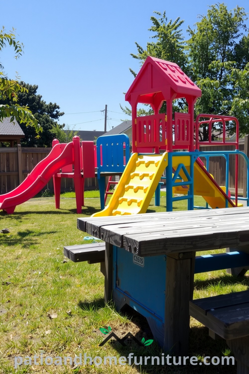 Colorful modular playground in a sunlit backyard with climbing frames and slides, surrounded by soft grass, a nearby picnic table, and a serene, inviting atmosphere, offering cozy ideas and inspirations for playful family days. Visit fireplacesandwoodstoves.com for more decor ideas.