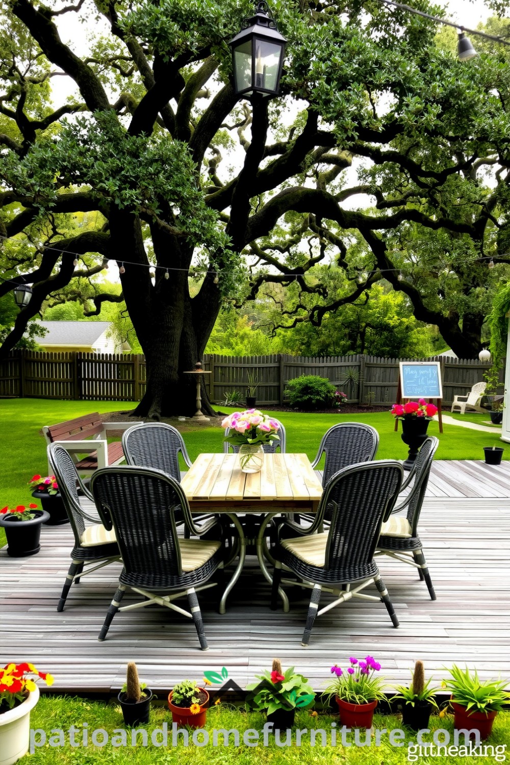 Cozy backyard retreat featuring a weathered wooden deck under oak trees, mismatched wicker chairs, potted herbs, and string lights, creating an inviting atmosphere for evening gatherings. Visit fireplacesandwoodstoves.com for unique decor ideas and inspirations for your home.