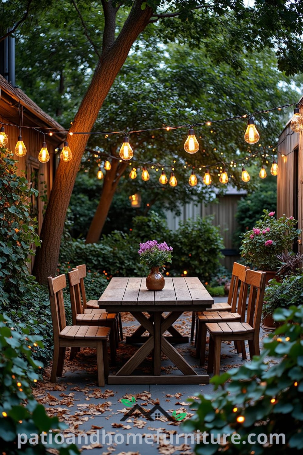 Cozy backyard picnic area with a weathered wooden table, mismatched chairs, twinkling string lights, and lush potted plants, creating a warm and inviting atmosphere for evening gatherings, providing unique decor ideas for your home at fireplacesandwoodstoves.com.