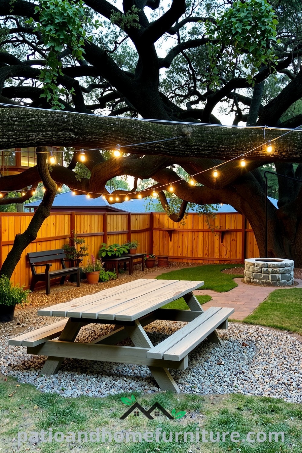 A cozy backyard with an old wooden picnic table beneath an oak tree, string lights casting a warm glow, potted herbs enhancing the atmosphere, and a stone fire pit inviting gatherings, showcasing unique decor ideas for creating an inspiring outdoor retreat at fireplacesandwoodstoves.com.