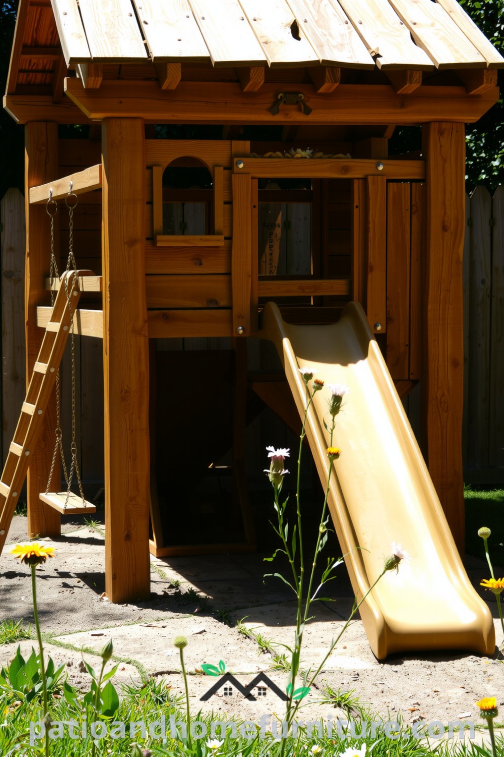 Wooden backyard playground with a cozy fort, slide, and swings, surrounded by vibrant flowers and grass, creating an inviting atmosphere perfect for children