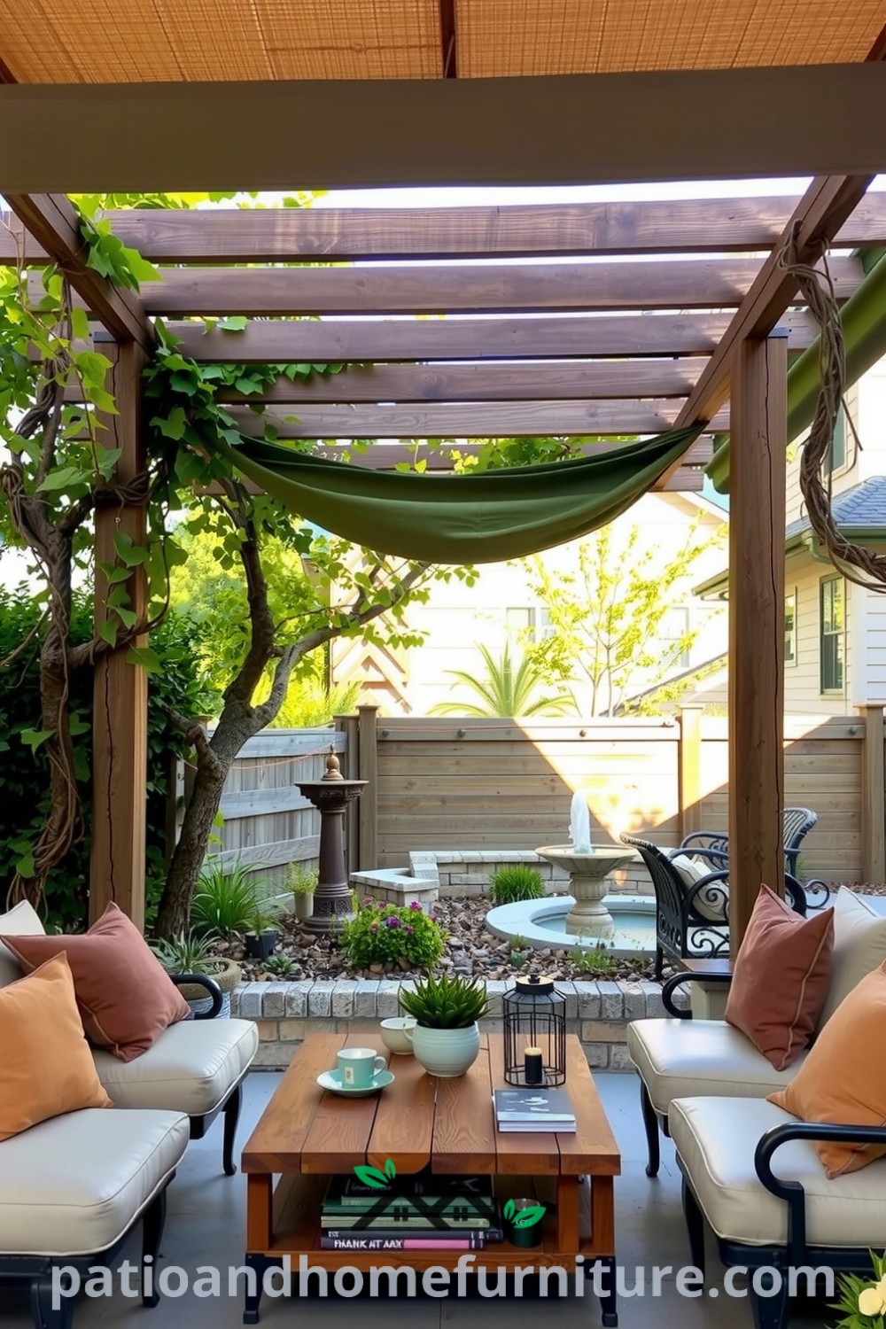 Retractable canopy pergola framing a cozy outdoor seating area with rustic coffee table, earthy cushions, and lush greenery, offering design ideas and decor inspirations for a cozy home, perfect for relaxation, available at fireplacesandwoodstoves.com.