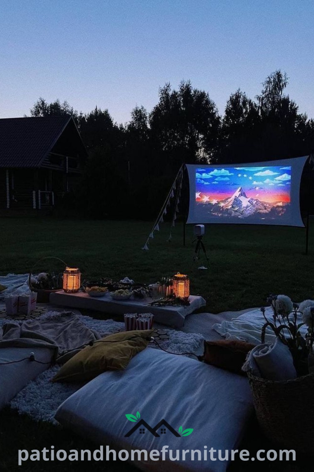 Outdoor movie night setup with cozy blankets, string lights, and a popcorn gift basket, creating an inviting ambiance for friends and family to enjoy films under the stars, featured on wellnesswink.com.