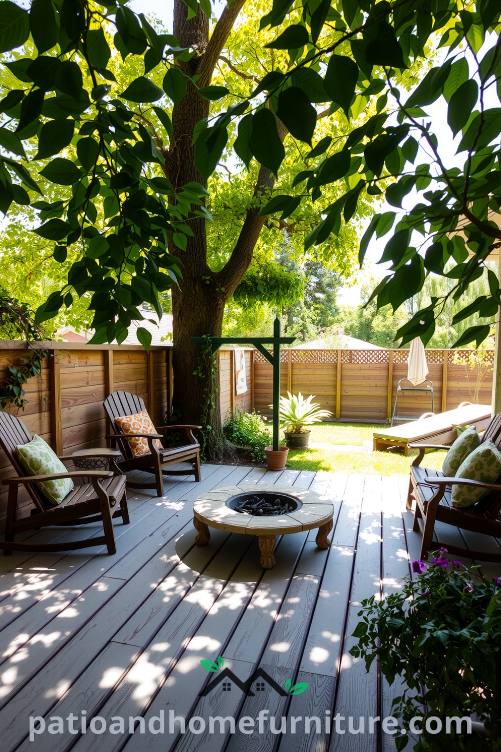 Backyard scene showcasing a weathered wooden deck, low stone fire pit surrounded by mismatched chairs and pillows, climbing vines on a rustic trellis, and a flourishing herb garden, featuring cozy design ideas for a tranquil home environment, as seen on fireplacesandwoodstoves.com.