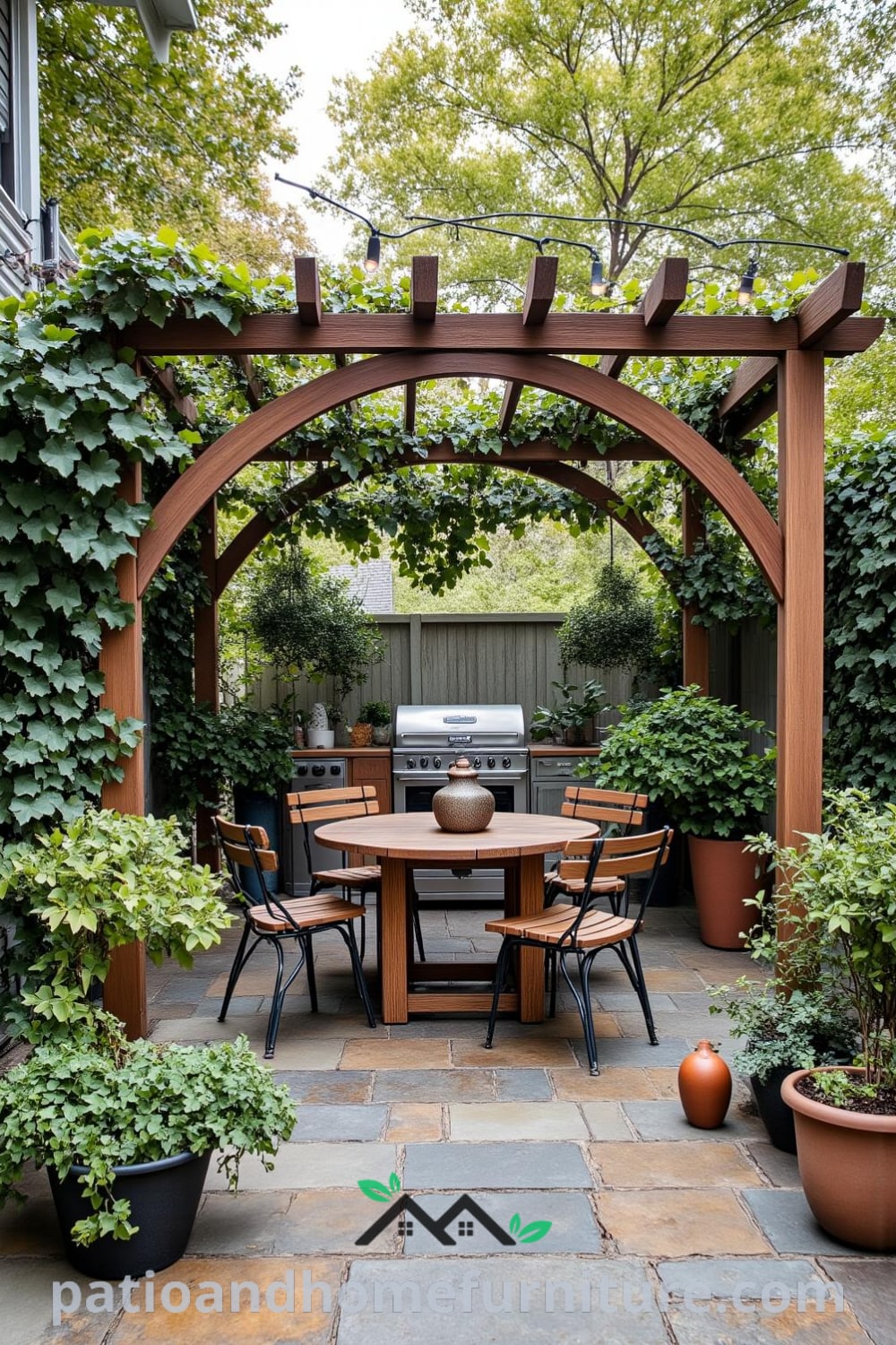 Cozy backyard nook with a rustic pergola, mismatched seating, and reclaimed table illuminated by string lights, offering inviting decor ideas for a warm home atmosphere. Visit fireplacesandwoodstoves.com for inspiring design ideas.