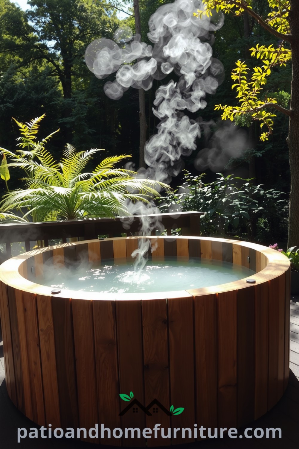 Japanese soaking hot tub on a wooden deck amid lush greenery, with steam rising from warm water, creating a serene atmosphere ideal for relaxation, featuring cozy design ideas from fireplacesandwoodstoves.com.