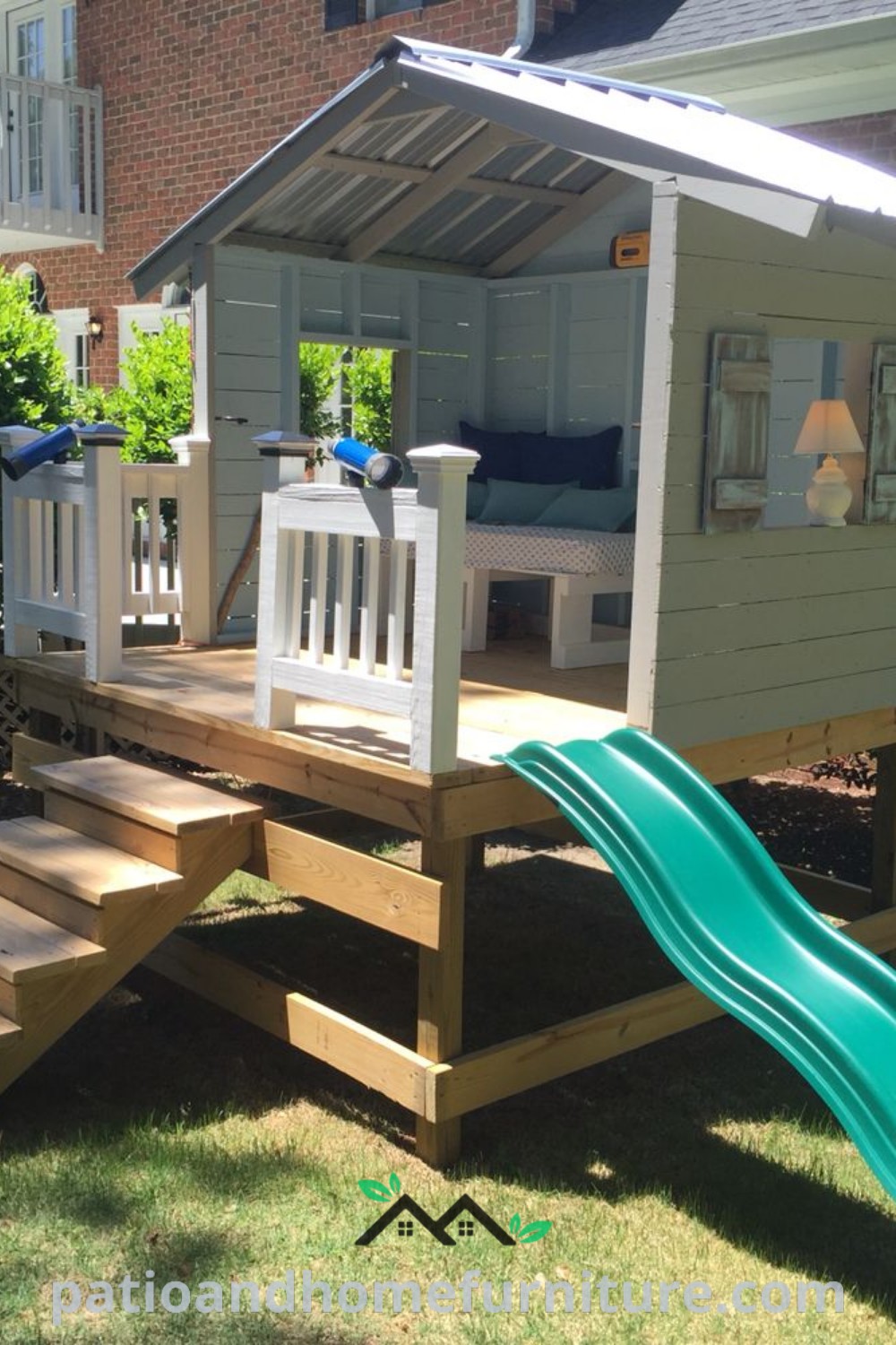 Small cozy house with a slide in the yard, surrounded by a playful outdoor area for kids, featuring vibrant decor inspirations and inviting elements for backyard fun at wellnesswink.com.