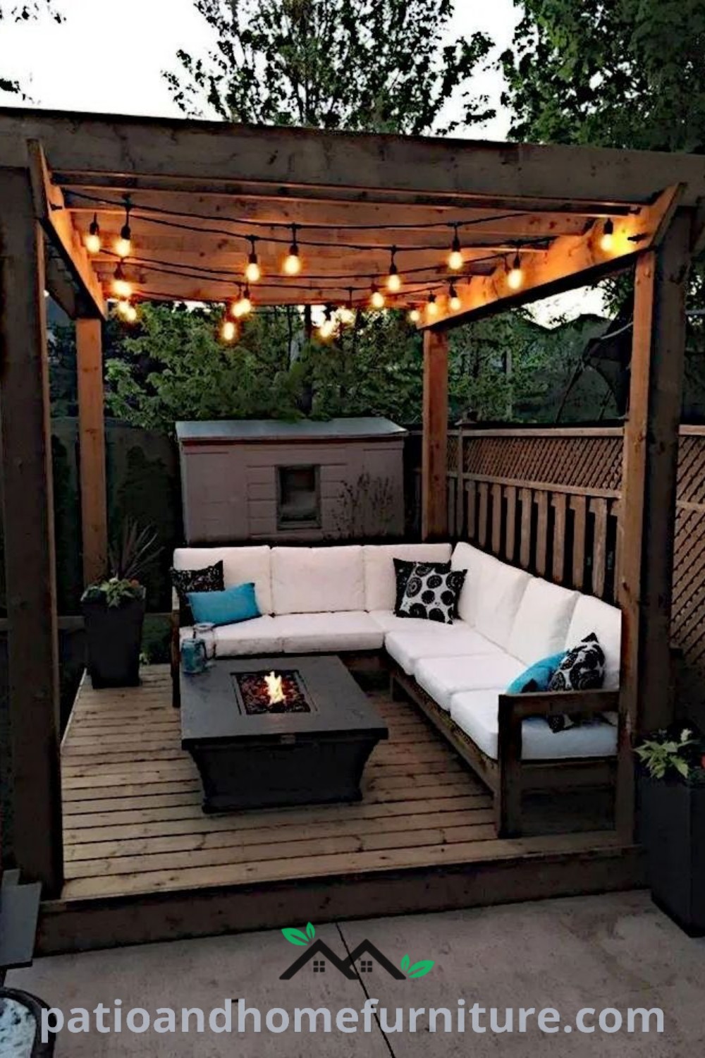 Cozy outdoor living area featuring couches, tables, and soft lighting above, designed for relaxation and entertainment, showcasing unique ideas and decor inspirations for your home on wellnesswink.com.