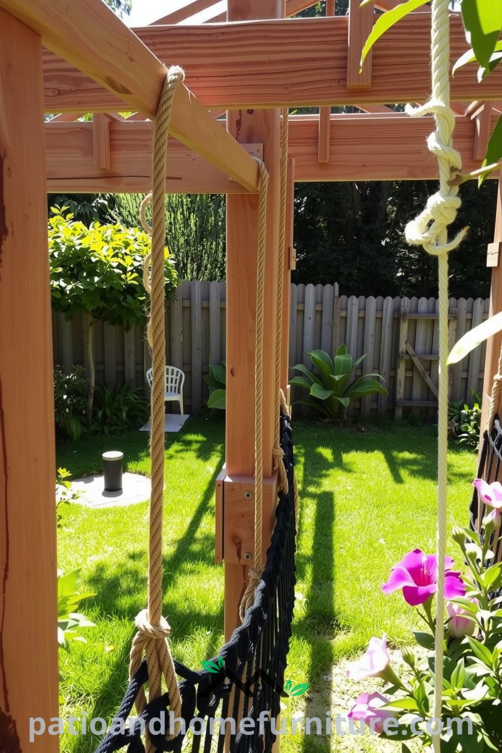Sun-drenched backyard with sturdy wooden climbing structures, textured beams, and ropes creating a playful oasis for children, complemented by a soft grassy area and blooming flowers, ideal for family gatherings and outdoor fun found at fireplacesandwoodstoves.com.