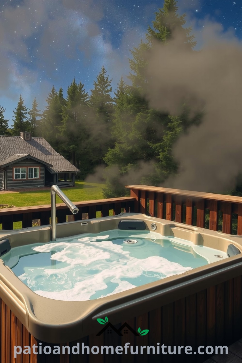 Hot tub on a wooden deck under the stars, surrounded by lush greenery and steam rising, creating a cozy retreat for relaxation, ideal for inspiring home decor ideas at fireplacesandwoodstoves.com.