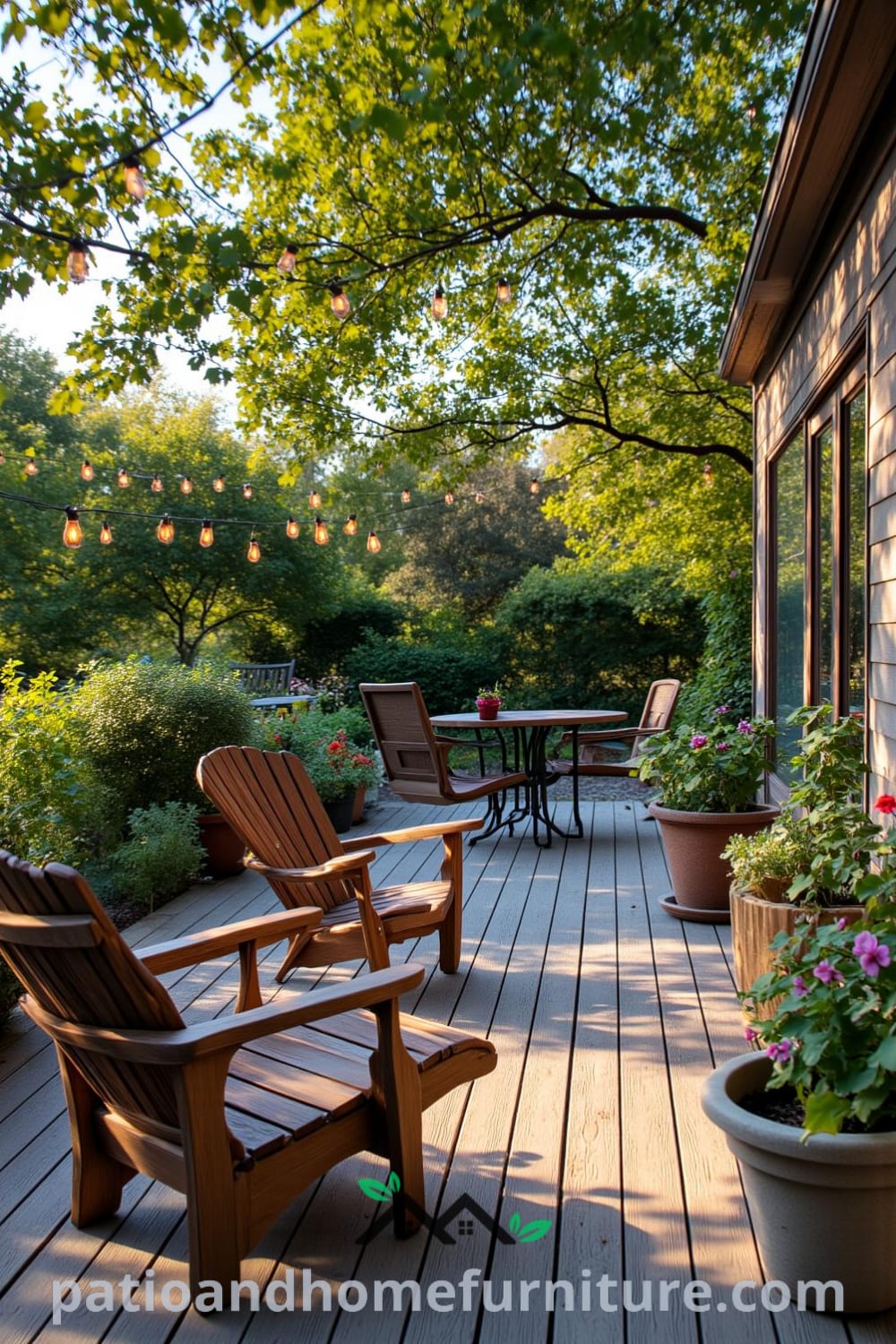 Cozy backyard deck featuring weathered lounge chairs and a rustic dining table beneath twinkling string lights, surrounded by vibrant potted herbs and flowers, offering relaxing decor ideas for a cozy home, as inspired by fireplacesandwoodstoves.com.