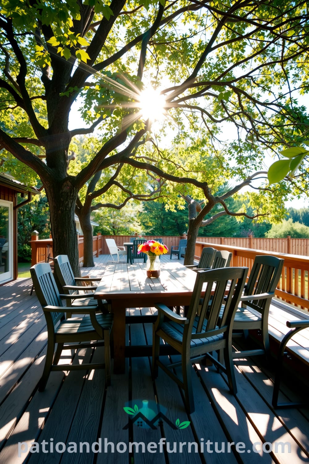 Cozy backyard gathering spot with a wooden deck, rustic chairs, and a table filled with wildflowers in a mason jar, offering decor ideas and inspirations for your home at fireplacesandwoodstoves.com.