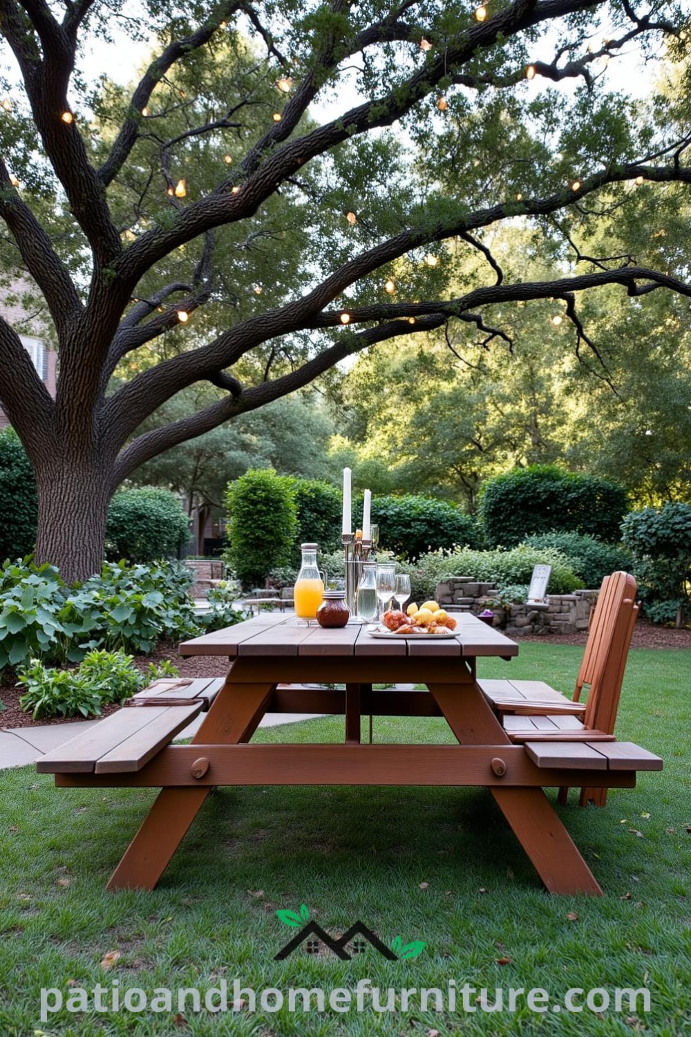 A cozy backyard scene featuring a weathered picnic table beneath an oak tree, surrounded by mismatched chairs and a flourishing herb garden, with twinkling string lights creating a warm ambiance, ideal for gatherings—visit fireplacesandwoodstoves.com for inspiring decor ideas.