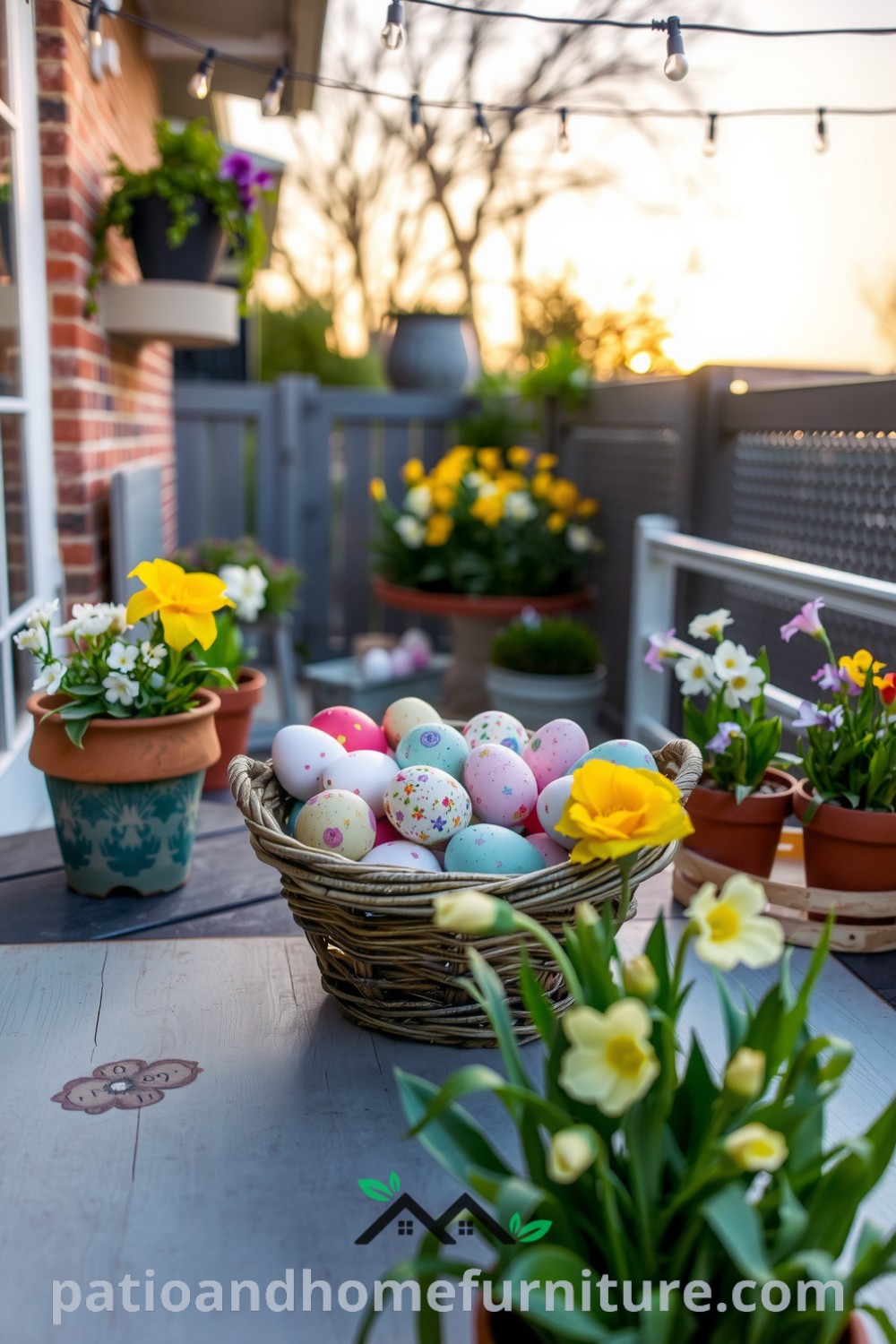 Pastel-colored eggs in a rustic basket surrounded by blooming flowers in clay pots on a worn table with hand-painted decorations, illuminated by twinkling string lights, creating cozy ideas for a spring patio scene. Visit fireplacesandwoodstoves.com for more decor inspirations.