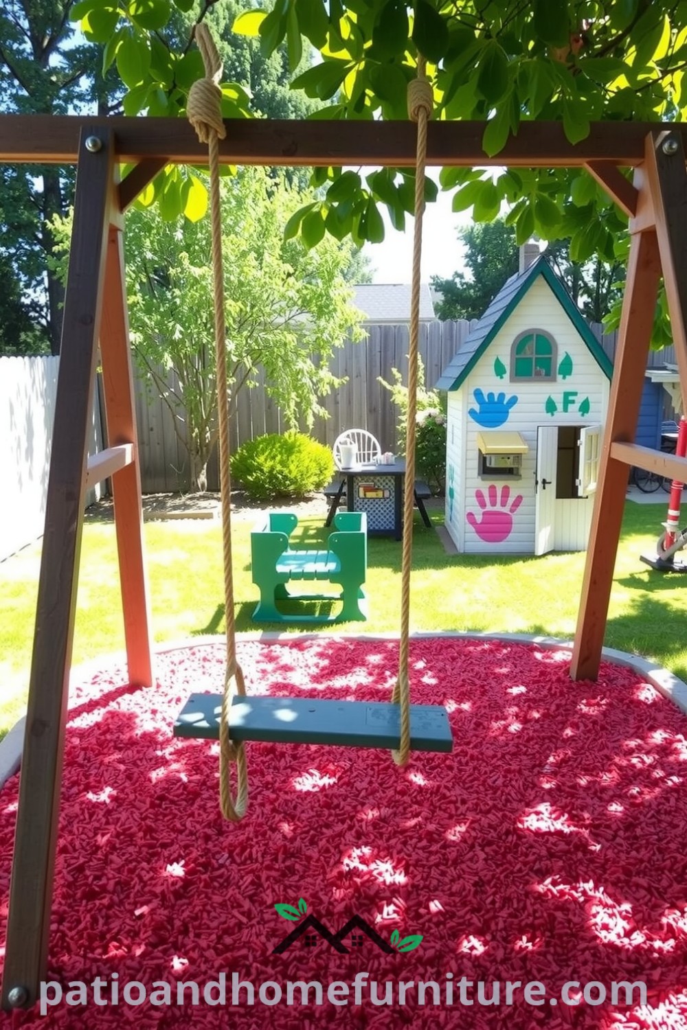 Charming backyard playground with a wooden swing set, colorful playhouse, and soft rubber mulch for children