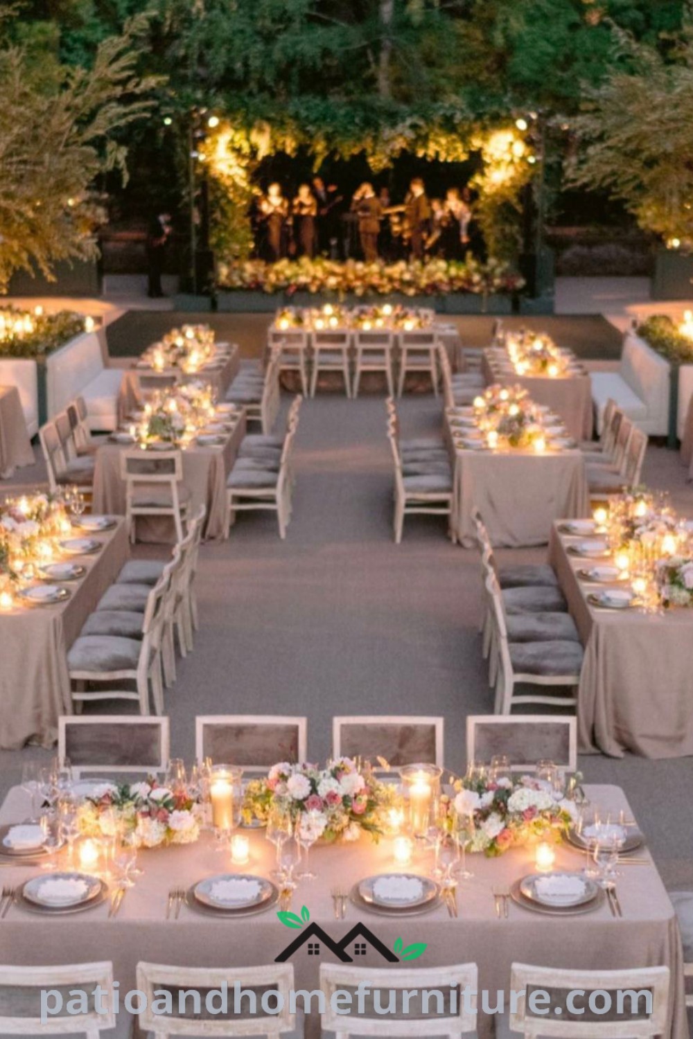 Outdoor dining area with rectangle wedding tables, charming chairs, and candlelit accents surrounded by lush greenery at Filoli Gardens, creating a cozy and inviting wedding reception atmosphere, perfect for bringing loved ones together in celebration. Visit wellnesswink.com for more decor ideas.