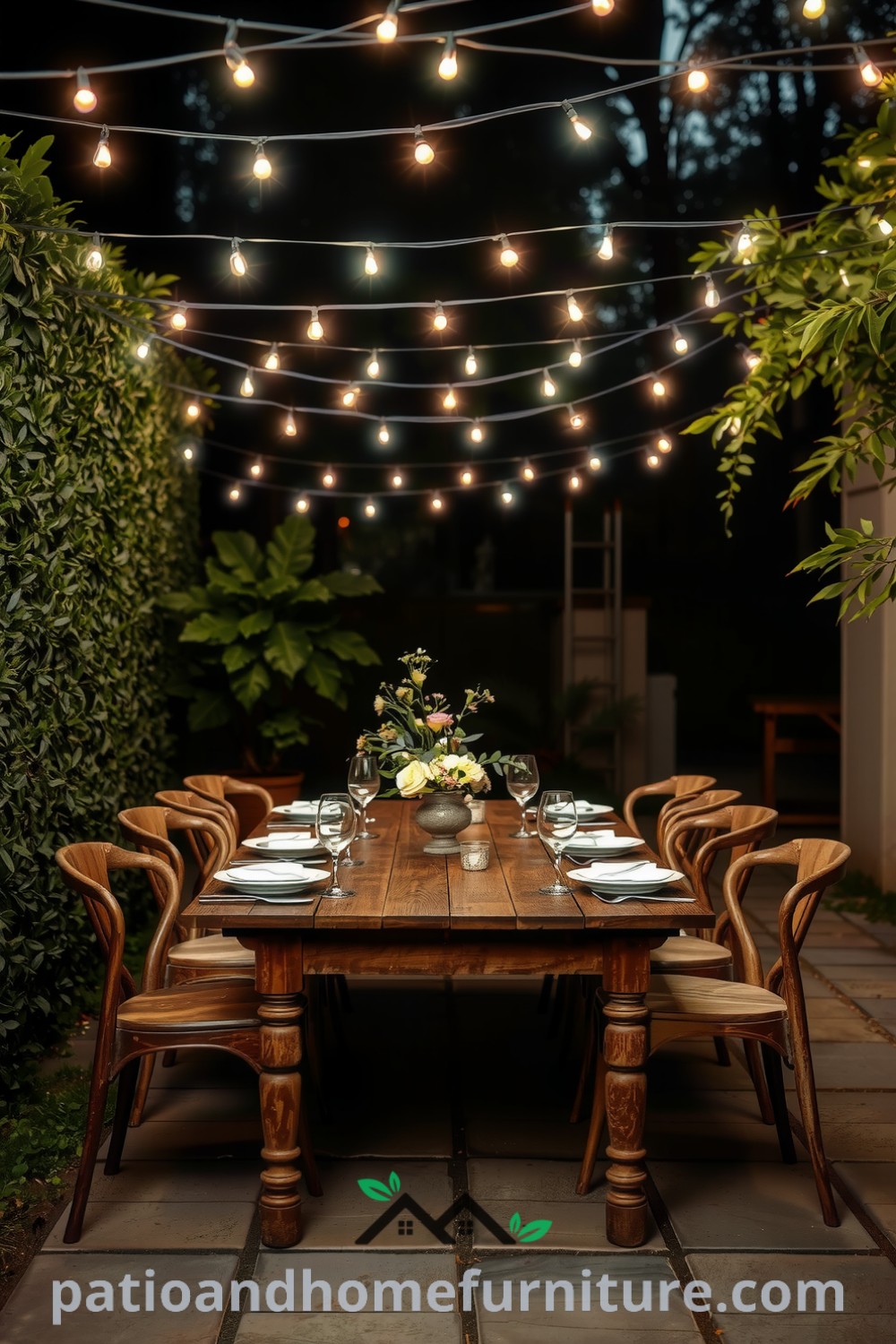 Beautiful outdoor dinner area under twinkling fairy lights, with a rustic wooden table, mismatched chairs, and floral decor, creating an inviting atmosphere perfect for gatherings, featured on fireplacesandwoodstoves.com.