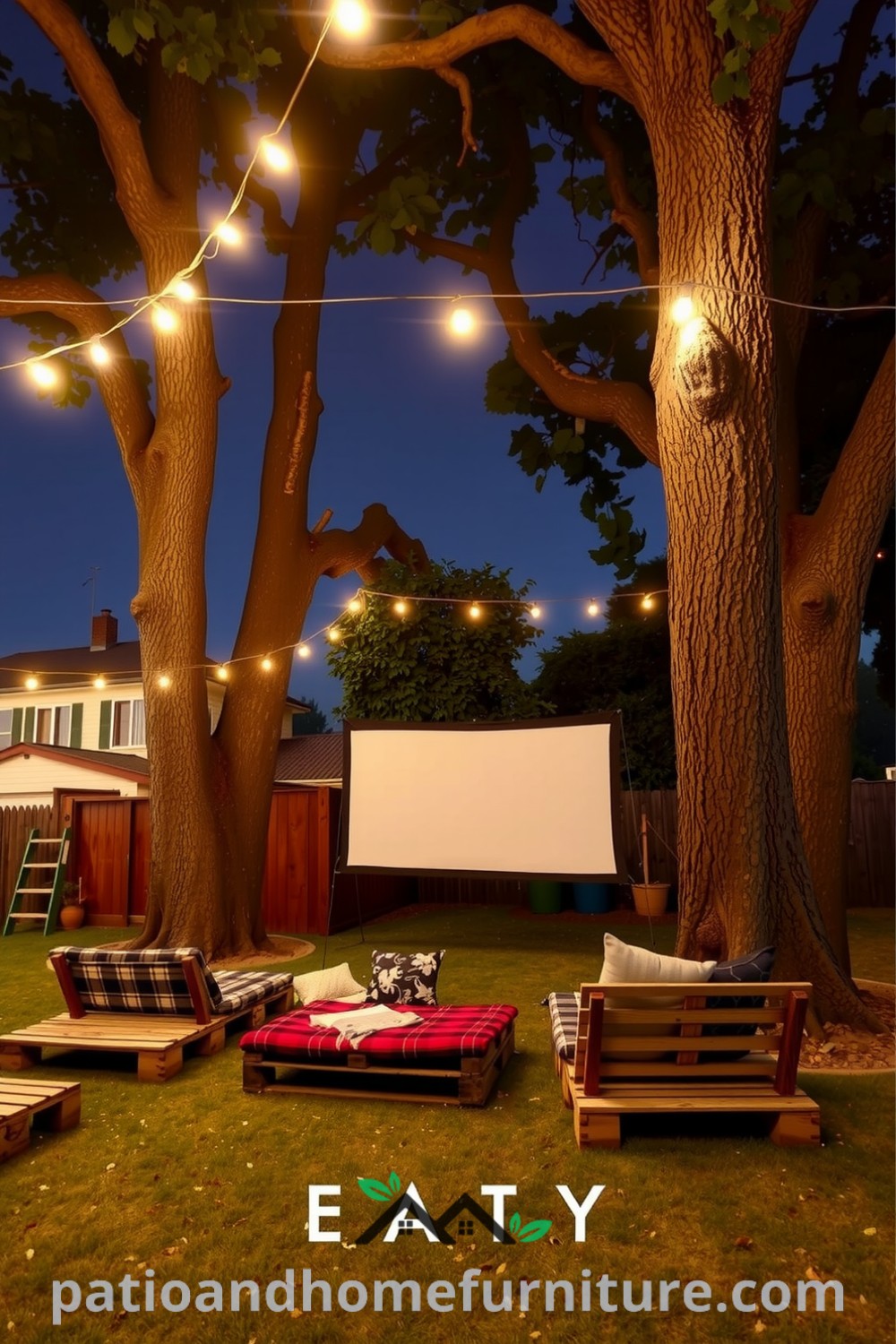 Backyard cinema set under a starlit sky, featuring a makeshift screen, rustic wooden pallet seating with blankets and cushions, ambient string lights, and the inviting scent of popcorn, providing cozy ideas for outdoor entertainment. Visit fireplacesandwoodstoves.com for more unique ideas.