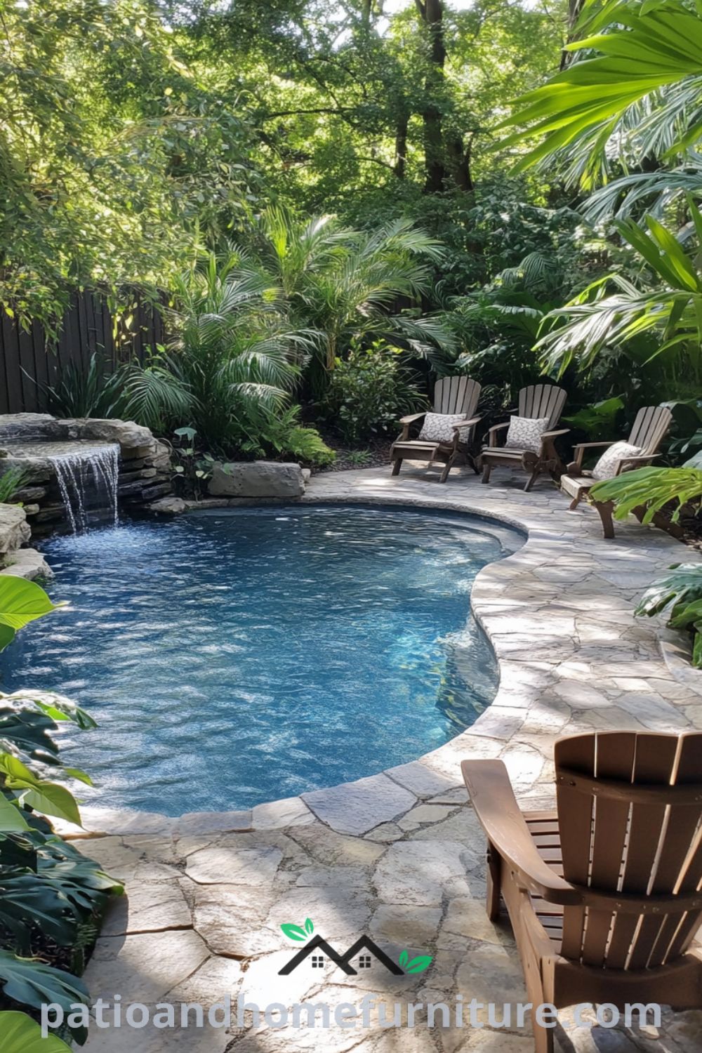 Serene tropical backyard oasis with an inground pool, lush landscaping, and cozy seating area from patioandhomefurniture.com, featuring inviting outdoor ideas with pool, relaxing pool and hot tub combinations, and vibrant decor inspirations.