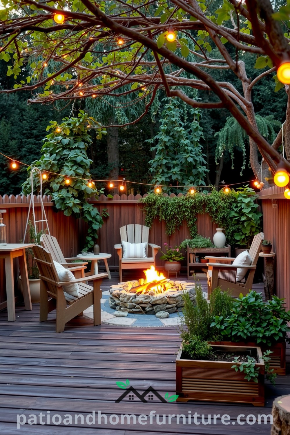 Cozy backyard featuring a weathered wooden deck with mismatched chairs, a rustic fire pit surrounded by stones, twinkling fairy lights above lush greenery, and a thriving herb garden in reclaimed wooden boxes, providing inspiring ideas for your home decor at fireplacesandwoodstoves.com.