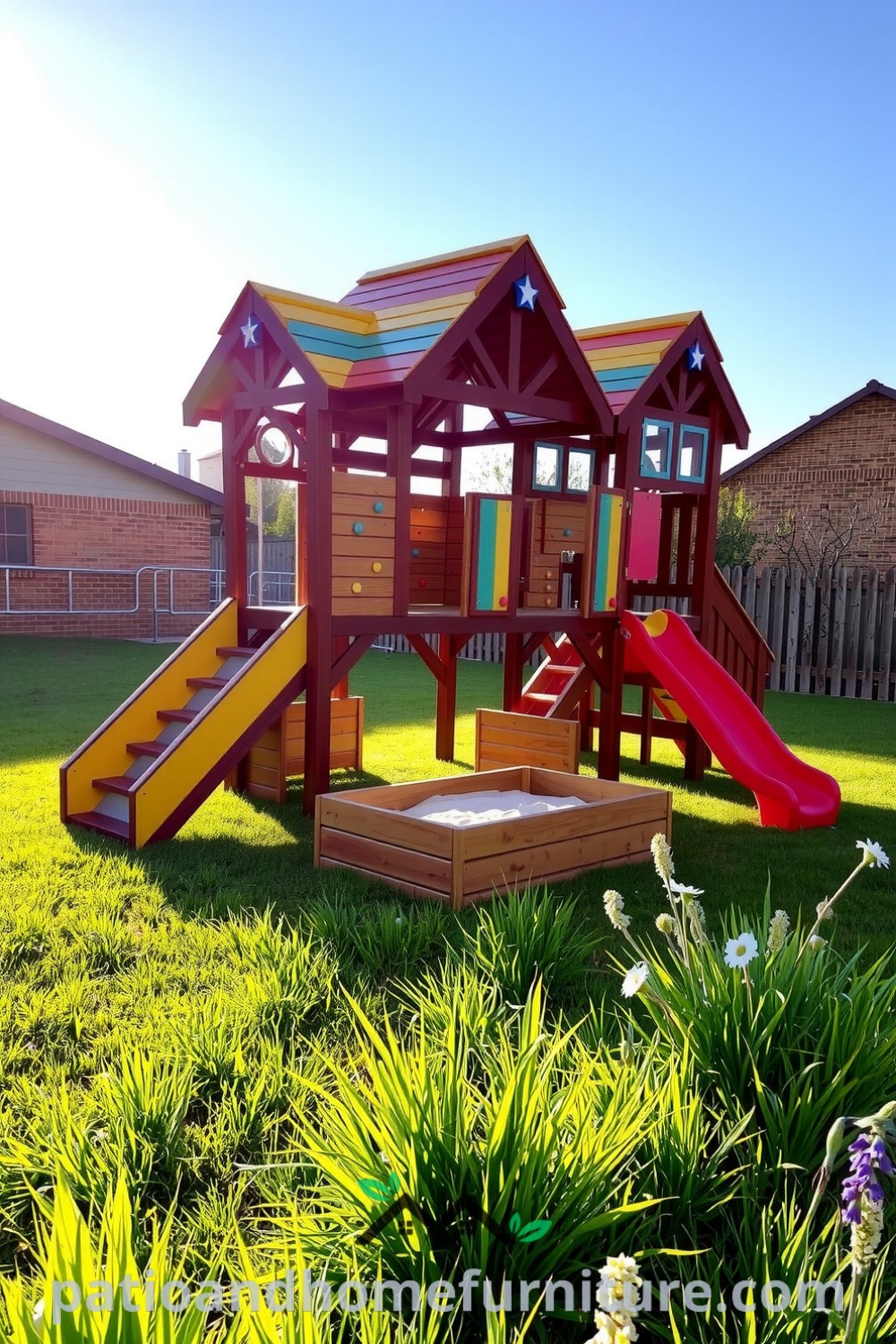 A vibrant multi-activity play center in a sunlit backyard, made of sturdy timber with colorful climbing walls and slides, surrounded by shimmering grass and wildflowers, on a cozy outdoor scene depicted on fireplacesandwoodstoves.com.
