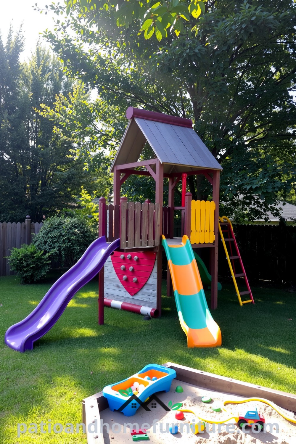 Colorful multi-activity play center in a lush backyard, featuring inviting slides, climbing walls, and a whimsical sandbox, perfect for sparking joy and creativity in children, with decor ideas for a cozy home atmosphere from fireplacesandwoodstoves.com.