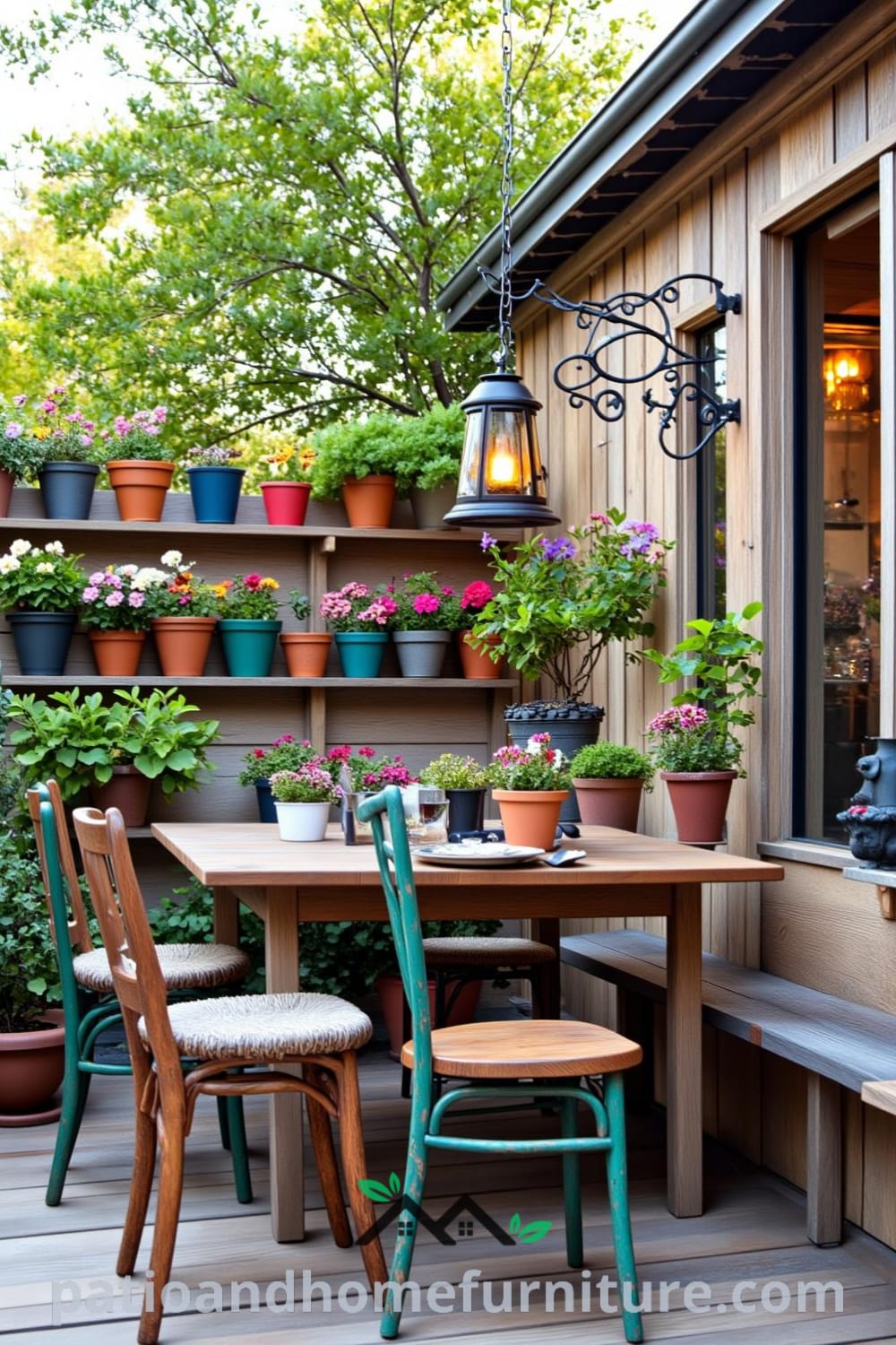 Cozy backyard with a weathered wooden deck, vibrant potted plants, a handmade reclaimed wood dining table, mismatched chairs, and soft lanterns creating a warm ambience, featuring inspiring cozy home decor ideas at fireplacesandwoodstoves.com.