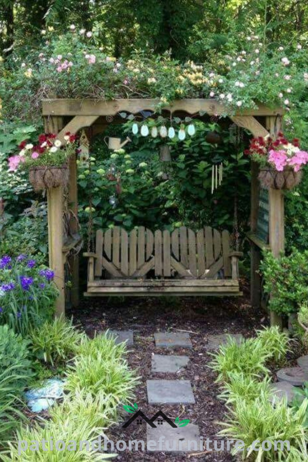 Wooden bench in a charming cottage garden surrounded by colorful flowers and greenery, creating a cozy retreat for relaxation and inspiration, ideal for design ideas at wellnesswink.com.
