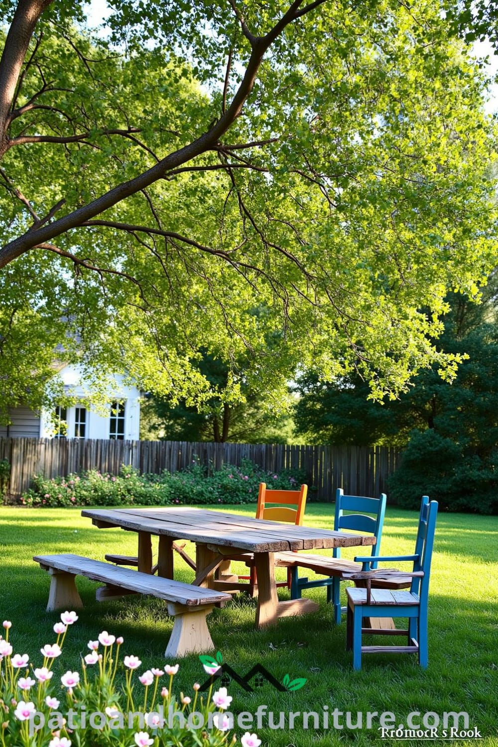 Cozy backyard picnic setup featuring a weathered wooden table surrounded by colorful mismatched chairs, embellished with wildflowers, creating a welcoming and relaxed outdoor atmosphere. Visit fireplacesandwoodstoves.com for more cozy ideas and design inspirations.