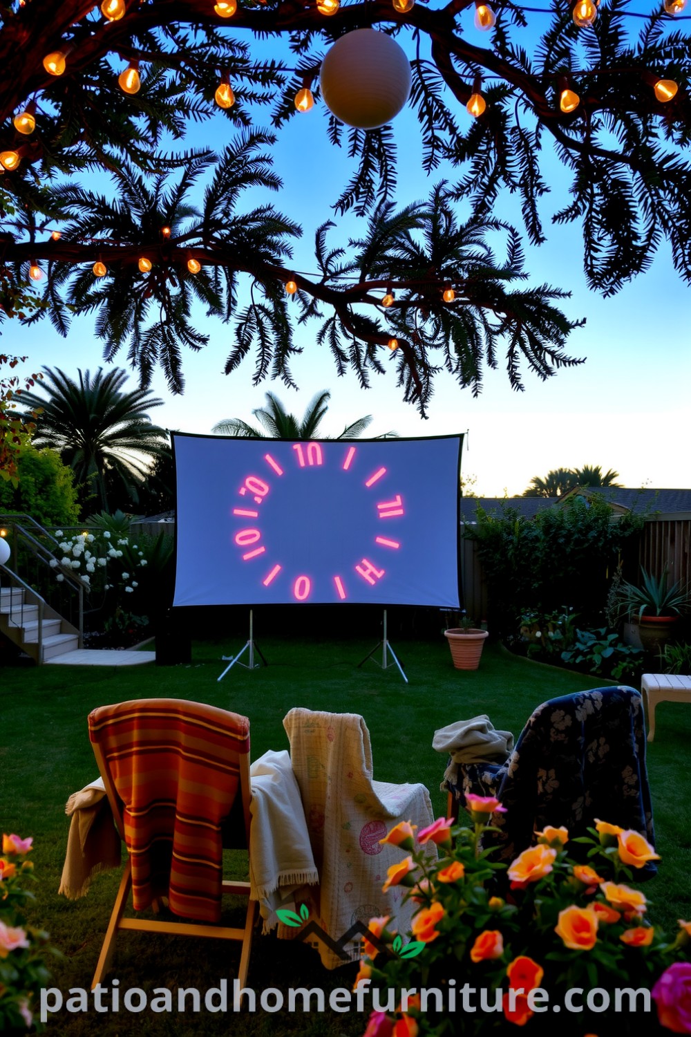Backyard cinema setup with fairy lights, mismatched chairs, and blankets, creating a cozy atmosphere for gatherings. Viewers enjoy a warm movie night with popcorn and blooming flowers, perfect for cozy home inspirations on fireplacesandwoodstoves.com.