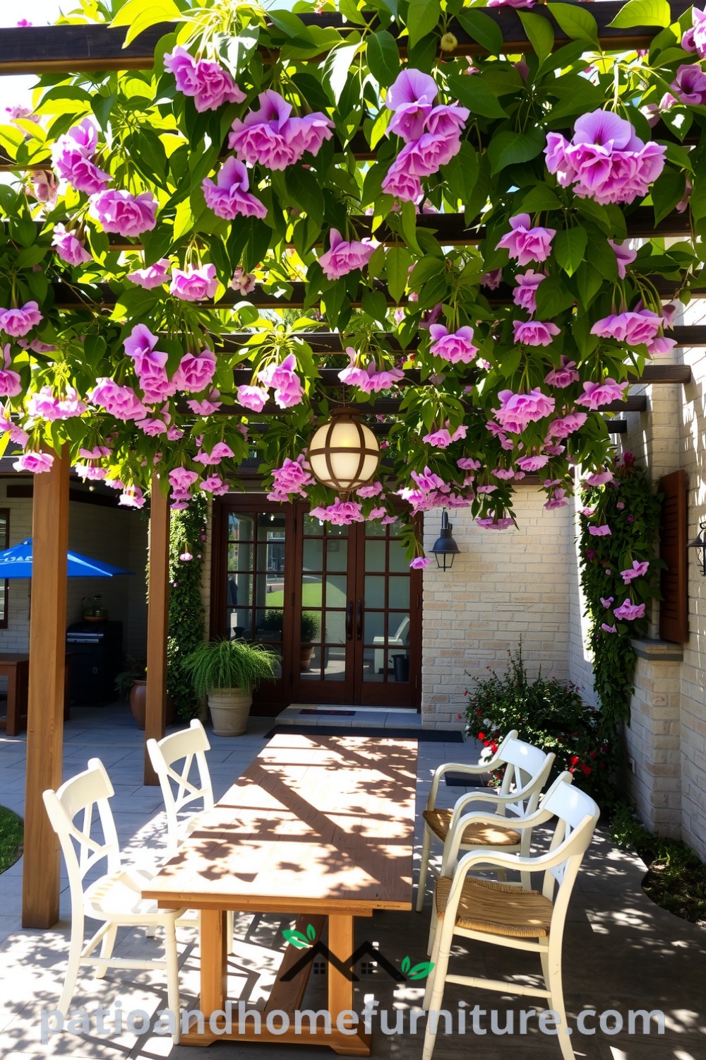 Floral wooden pergola over a weathered stone patio, entwined with blooming pink and purple vines, featuring a rustic wooden table and mismatched chairs, creating a cozy outdoor retreat ideal for gatherings. Visit fireplacesandwoodstoves.com for more inspiring decor ideas.