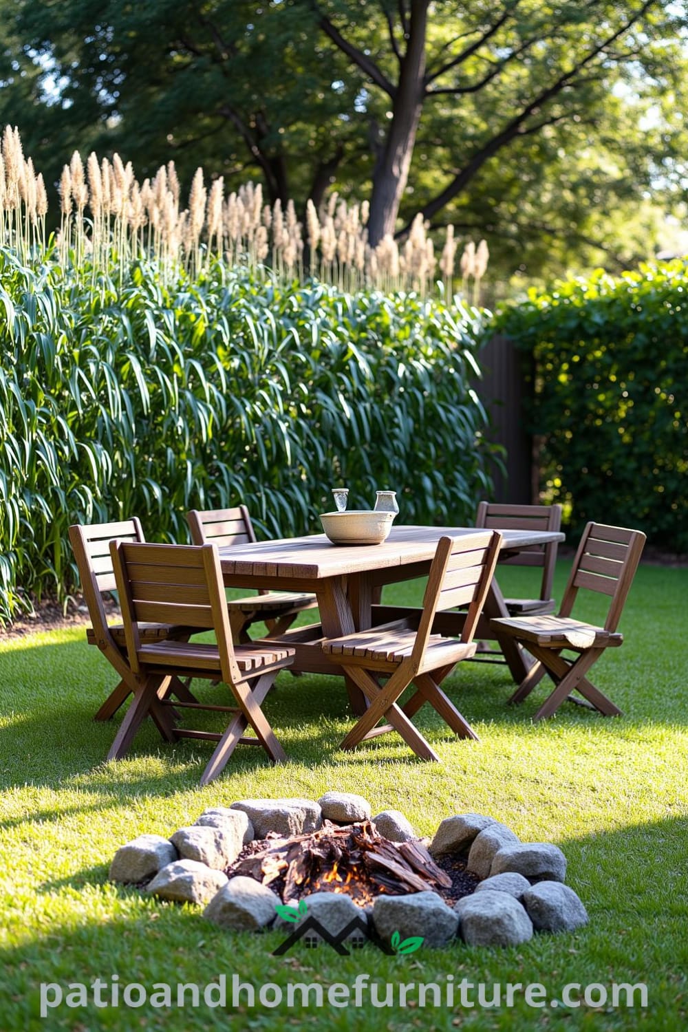 Cozy backyard featuring a rustic wooden picnic table surrounded by mismatched chairs, tall grasses swaying in the breeze, and a small fire pit, creating inviting decor ideas for summer gatherings at fireplacesandwoodstoves.com.