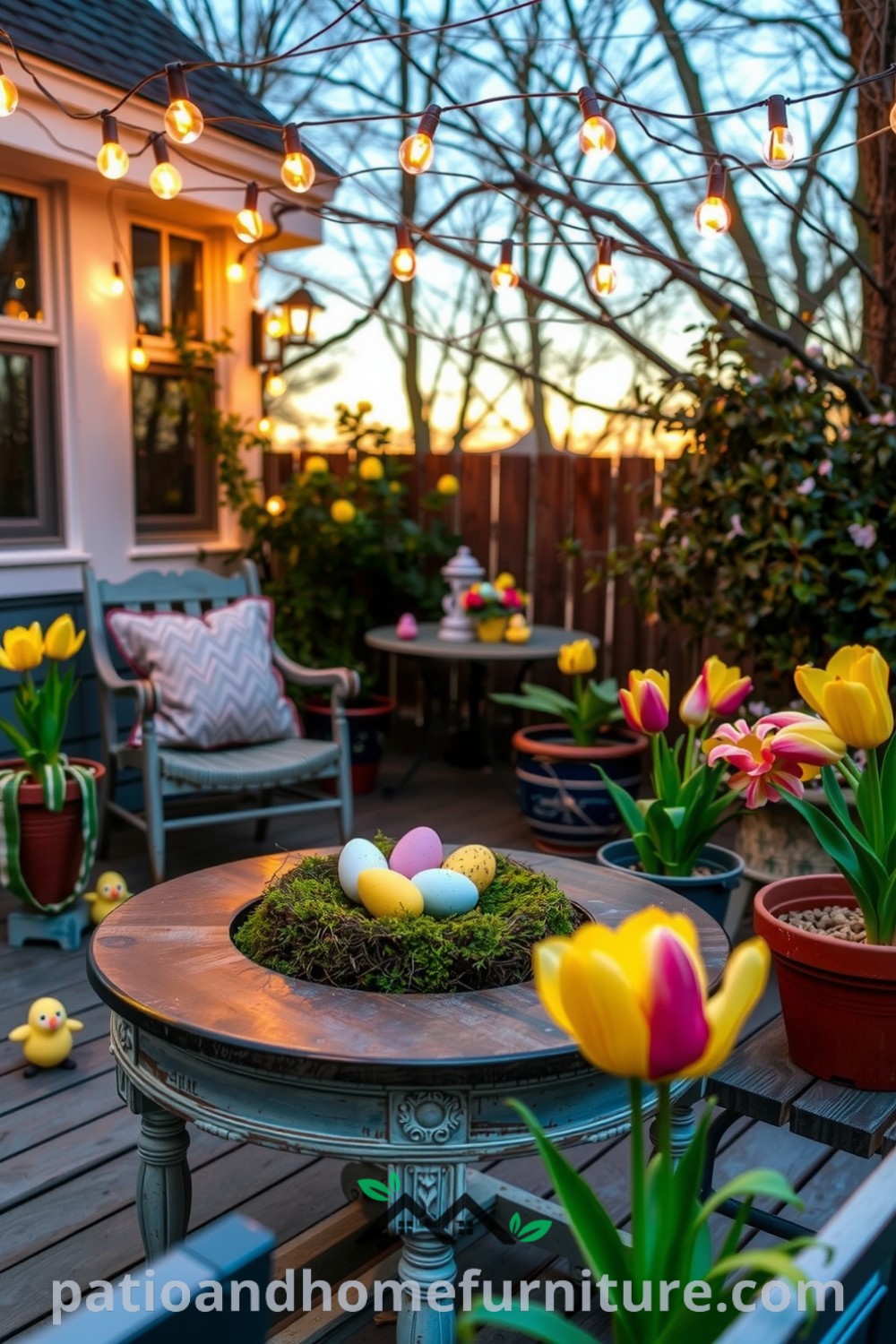 Patio decorated for Easter with a weathered wooden table featuring pastel-painted eggs, fresh moss, and vibrant tulips, complemented by twinkling string lights, creating an inviting atmosphere for gatherings at fireplacesandwoodstoves.com.