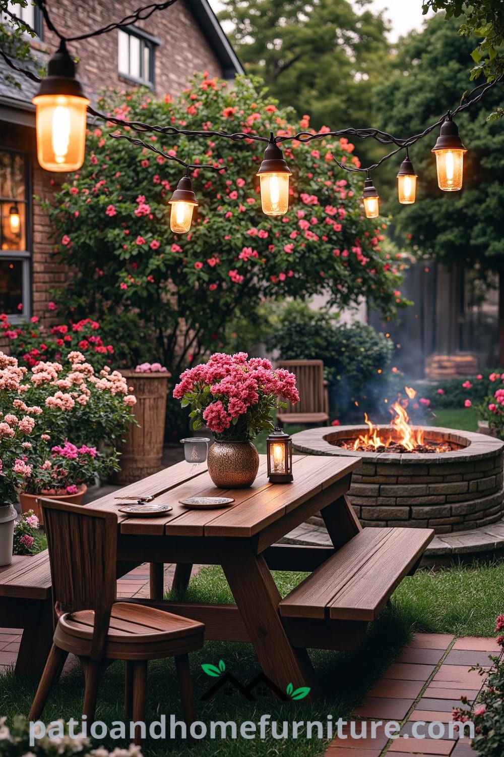 Backyard picnic area with a wooden table, blooming flower beds, hanging string lights, and a fire pit surrounded by mismatched chairs, creating a cozy atmosphere ideal for gatherings, featured on fireplacesandwoodstoves.com.