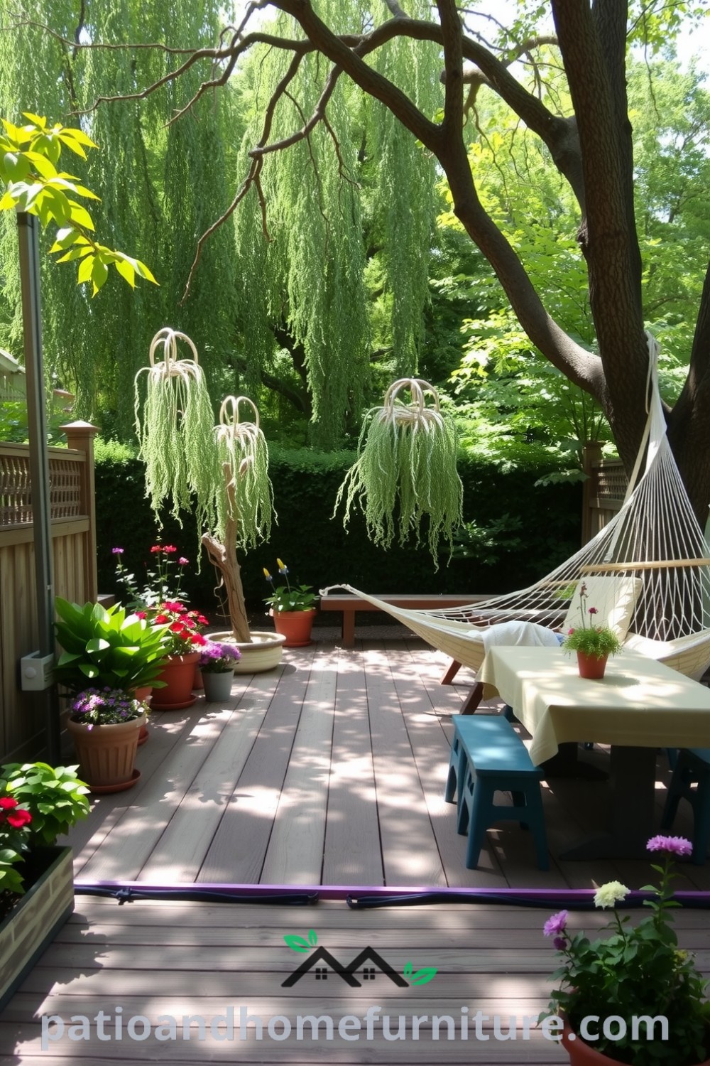 Cozy backyard design featuring a wooden deck under elm trees, vibrant flower pots, a rustic picnic table with mismatched chairs, and a hammock, providing inspiring cozy ideas for your home and outdoor decor inspirations, as seen on fireplacesandwoodstoves.com.