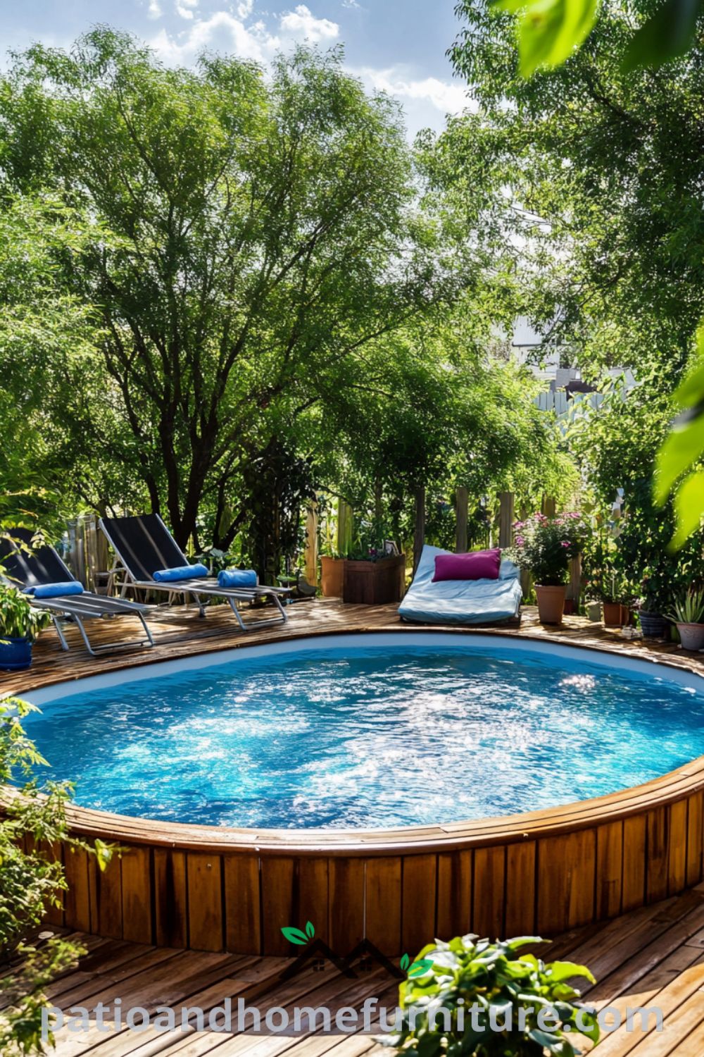 Inviting backyard oasis design featuring an above ground pool, cozy lounge chairs, and lush landscaping from patioandhomefurniture.com, perfect for backyard pool ideas and outdoor living space inspirations.