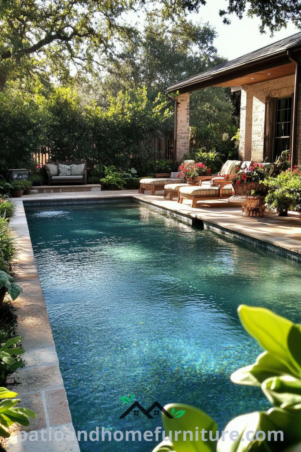 Serene backyard oasis design from patioandhomefurniture.com featuring a tranquil swimming pool, lush landscaping, cozy fire pit, and inviting outdoor living space.