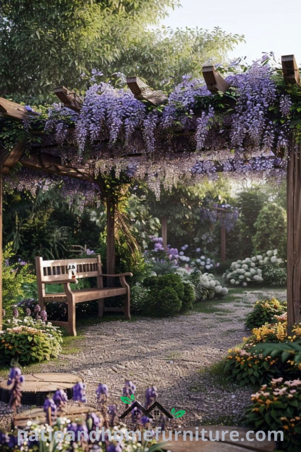 Wooden bench surrounded by vibrant purple wisteria flowers in a lush green park, creating a serene atmosphere ideal for relaxation and inspiration, showcasing unique decor ideas for outdoor spaces on wellnesswink.com.