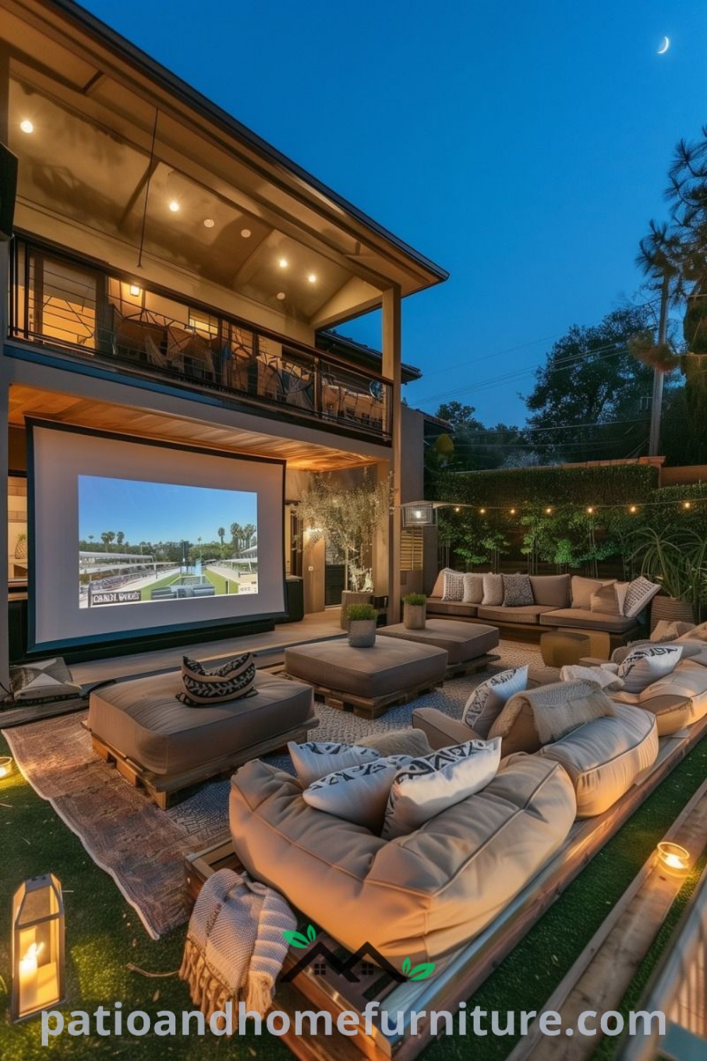 Outdoor movie lounge with cozy couches, twinkling lights, and a projector, creating a captivating atmosphere for outdoor cinema experiences, featuring inspiring decor ideas from wellnesswink.com.