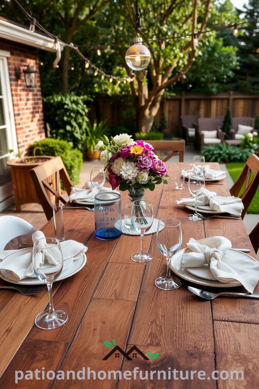 Beautifully set outdoor patio table with weathered wooden planks and mismatched tableware, illuminated by string lights, complemented by fresh flowers in a rustic vase, creating an inviting atmosphere for gatherings. Visit fireplacesandwoodstoves.com for cozy home design ideas.