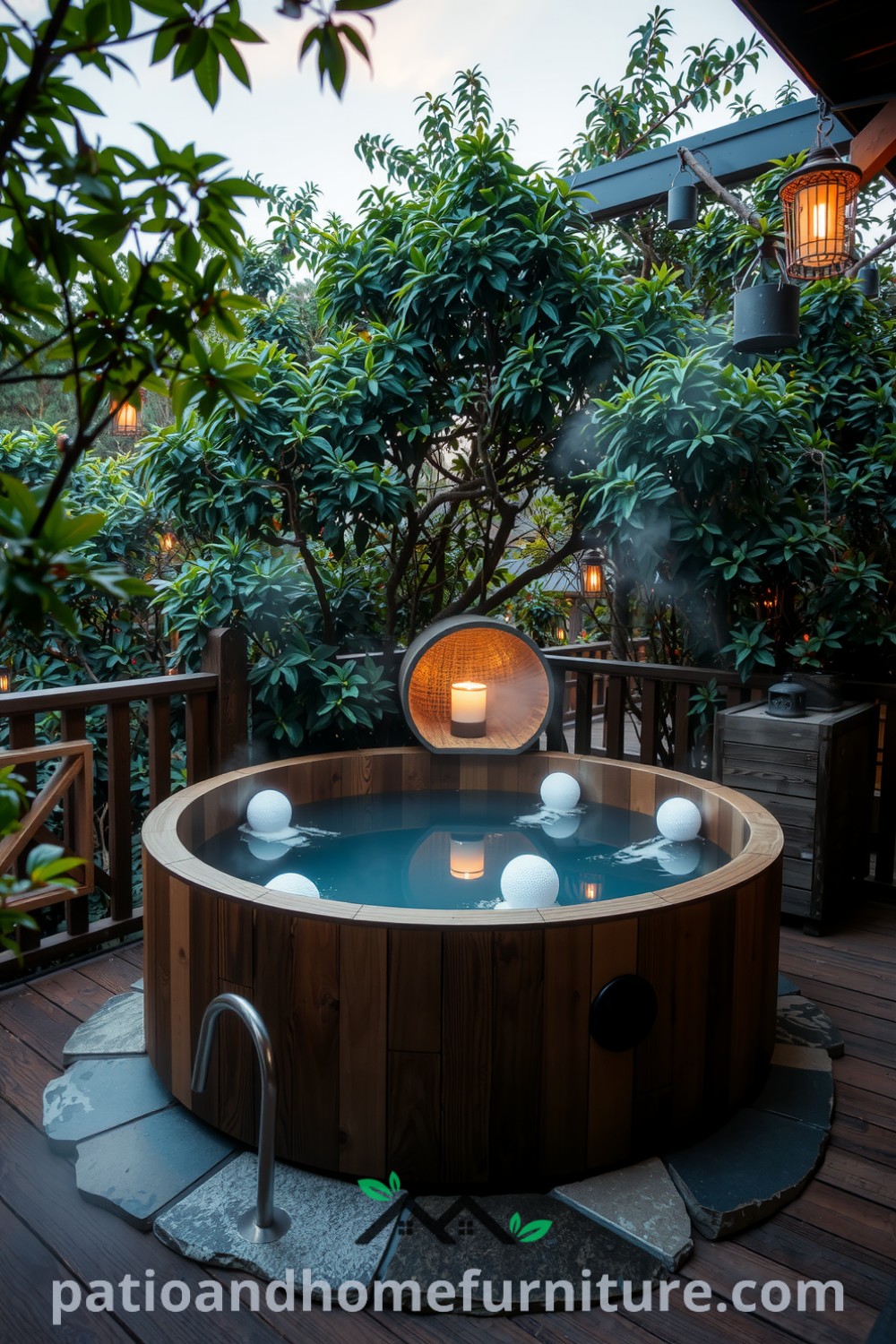 Japanese soaking hot tub on a wooden deck surrounded by lush greenery and steam, with warm lanterns creating an inviting atmosphere, perfect for relaxation and reflection. Visit fireplacesandwoodstoves.com for cozy decor ideas and inspirations for your home.