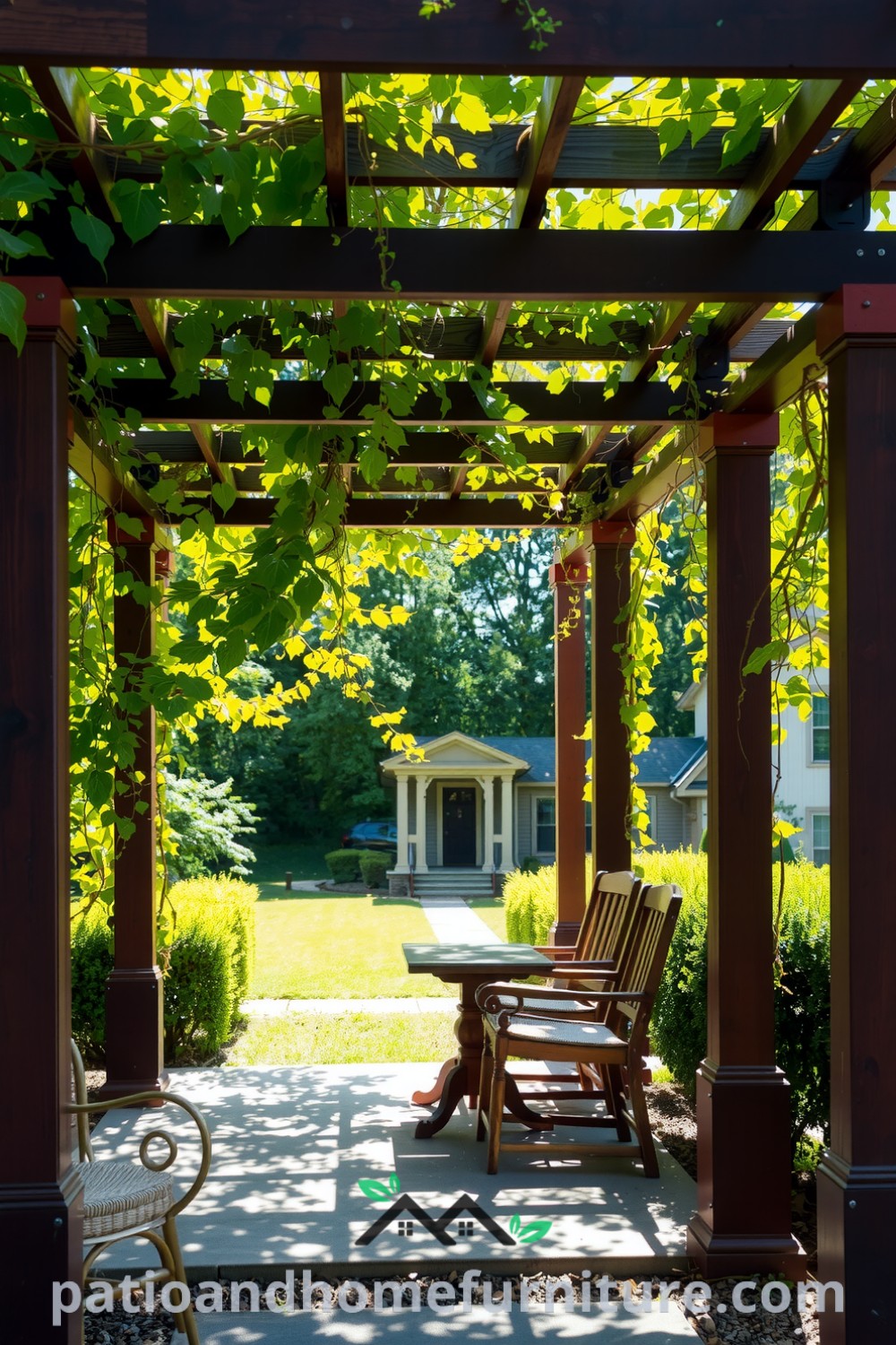 Wooden pergola in a sun-drenched garden intertwined with climbing vines, featuring rustic wooden chairs and a small table, providing cozy ideas for serene outdoor retreats. Visit fireplacesandwoodstoves.com for unique decor inspirations for your home.