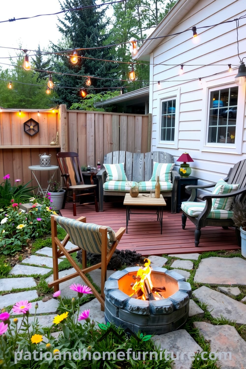 Cozy backyard featuring a rustic wooden deck with mismatched furniture, surrounded by wildflowers and a warm fire pit, illuminated by twinkling string lights, creating a magical ambiance for gatherings, with design ideas and inspirations for your home from fireplacesandwoodstoves.com.