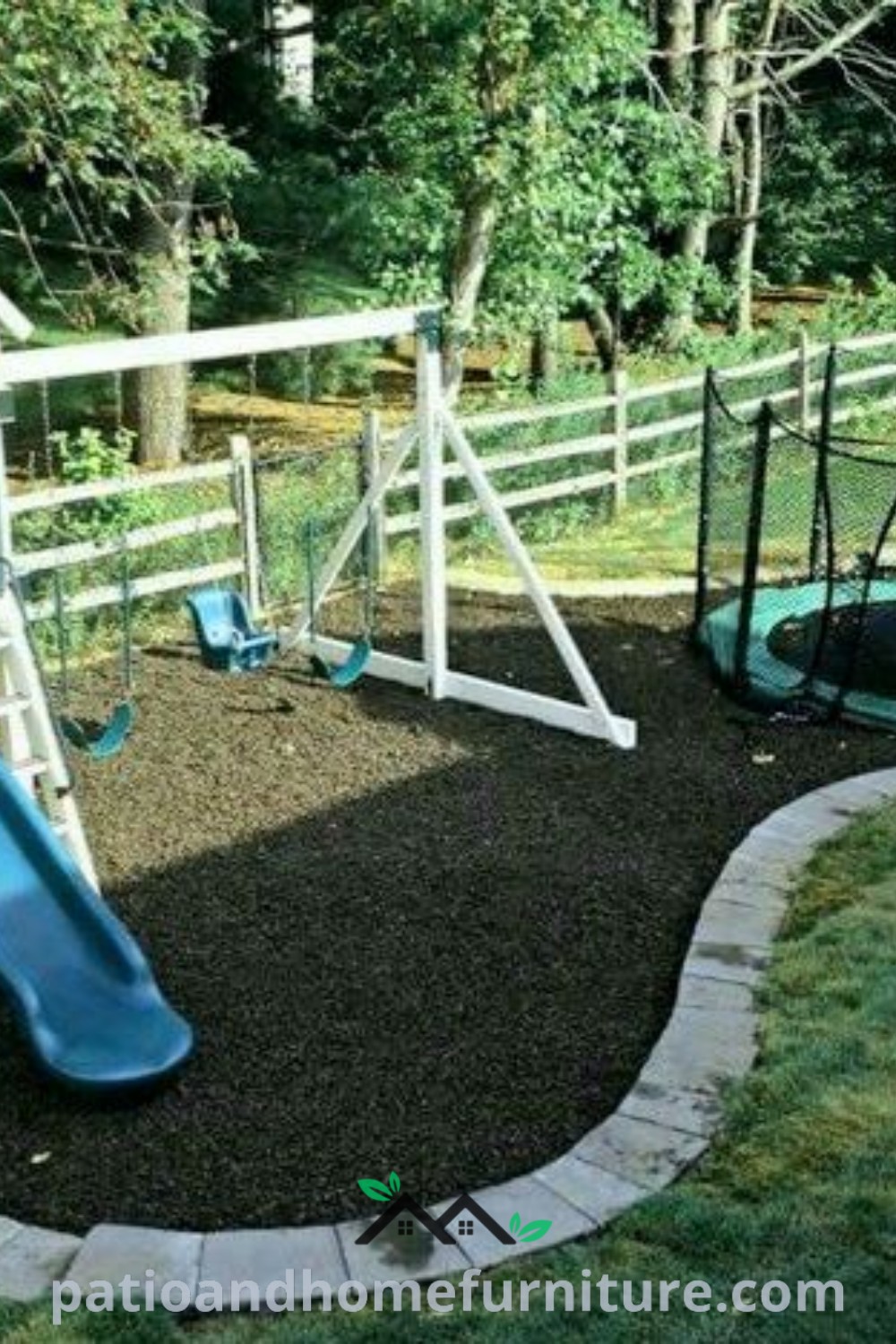 Play area with a slide, swing set, and climbing frame, surrounded by green grass and inviting trees, creating a vibrant space for kids to play and enjoy outdoor activities, as featured on wellnesswink.com.