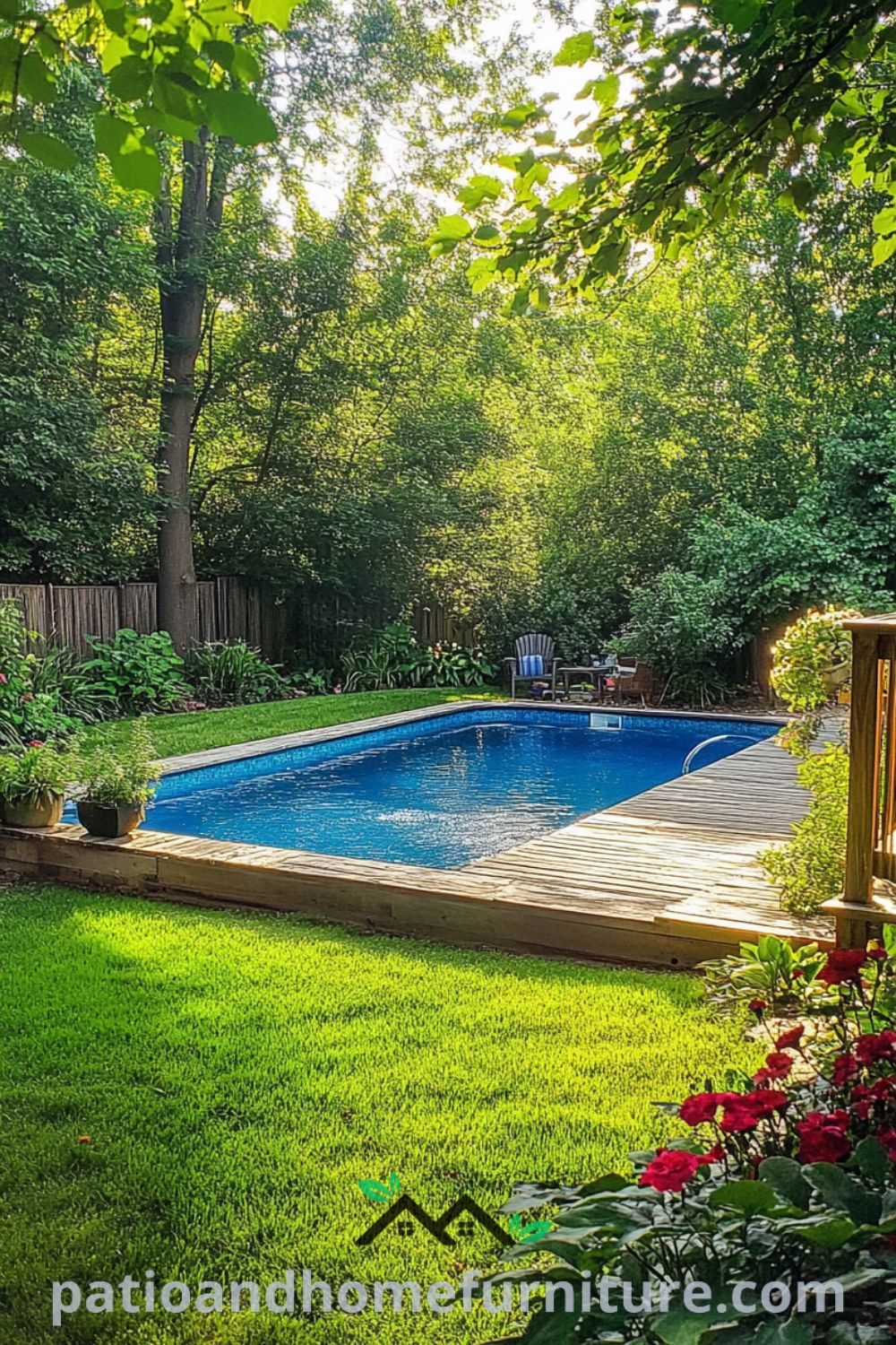 Inviting backyard oasis with an above ground pool, cozy fire pit, vibrant landscaping, and modern pool design from patioandhomefurniture.com, perfect for outdoor living space and backyard pool ideas.